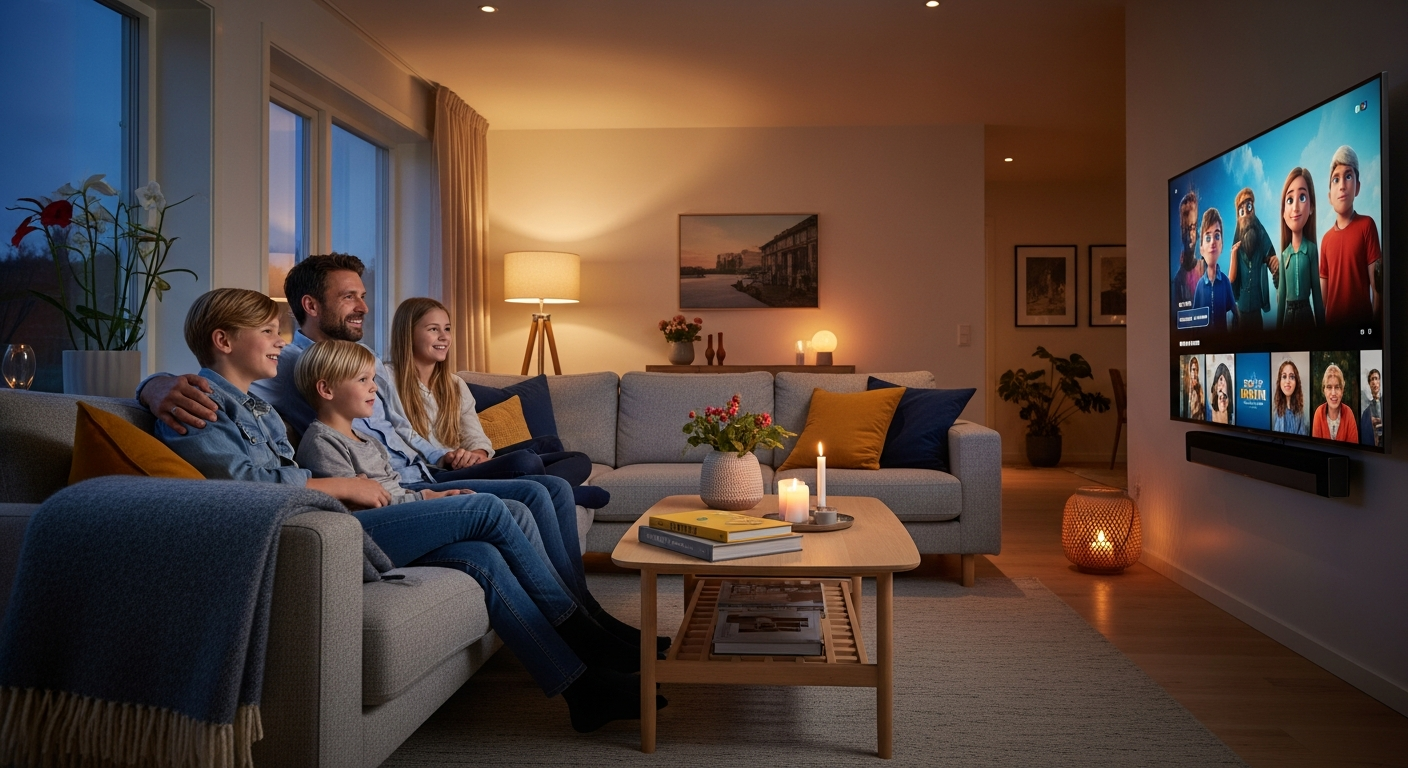 Bästa IPTV i Sverige - Familj streamar på Smart TV i 4K kvalitet